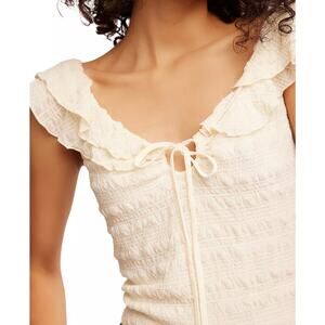 Free People Love You More Smocked Ruffle Accent Top XL Ivory Tofu Tie Front NWT